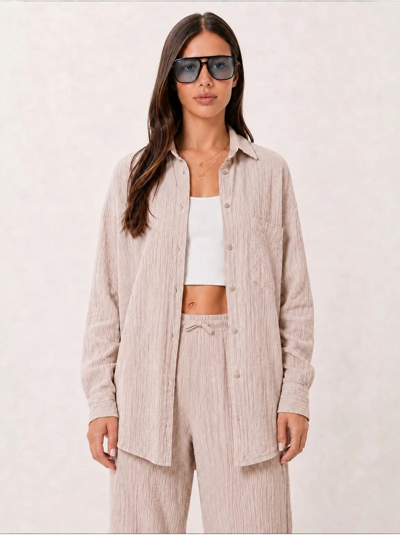 Ensemble deux pièces coordonné à taille haute, jambe large et col chemise istanbul Beige naturel - Kiabi