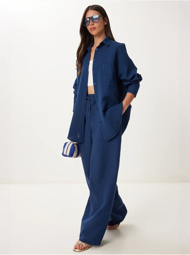 Ensemble deux pièces coordonné à taille haute, jambe large et col chemise istanbul Bleu marine - Kiabi