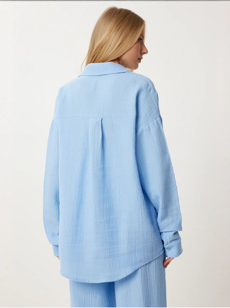 Ensemble deux pièces coordonné à taille haute, jambe large et col chemise istanbul Bleu saphir - Kiabi