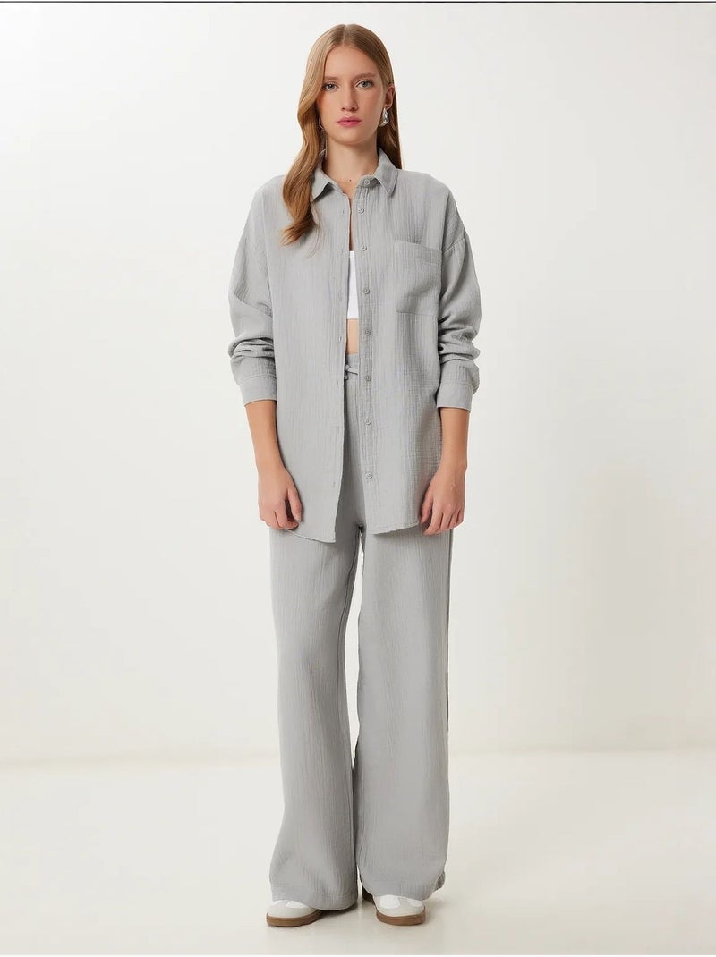 Ensemble deux pièces coordonné à taille haute, jambe large et col chemise istanbul Gris - Kiabi