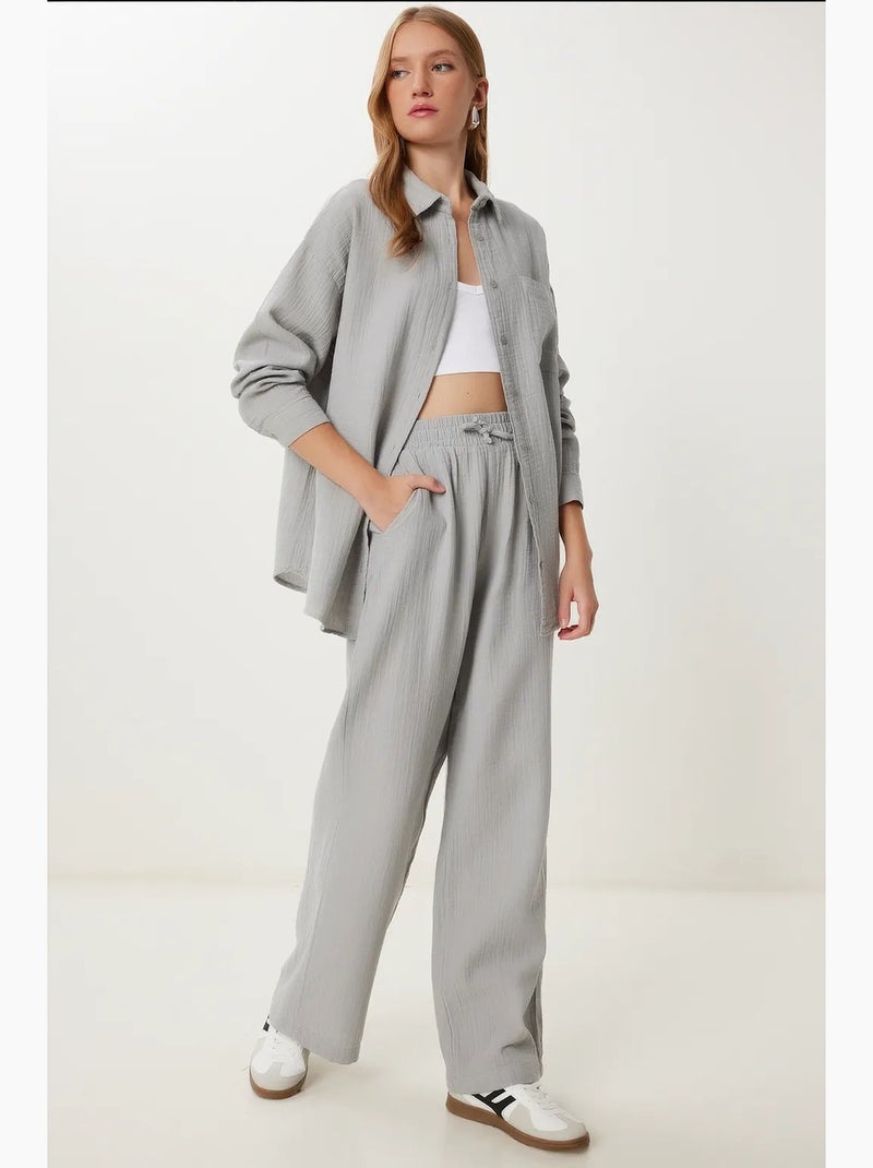 Ensemble deux pièces coordonné à taille haute, jambe large et col chemise istanbul Gris - Kiabi