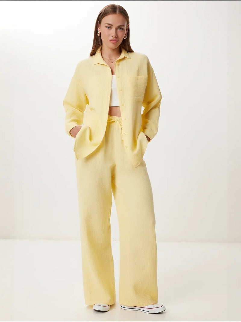 Ensemble deux pièces coordonné à taille haute, jambe large et col chemise istanbul Jaune citron - Kiabi