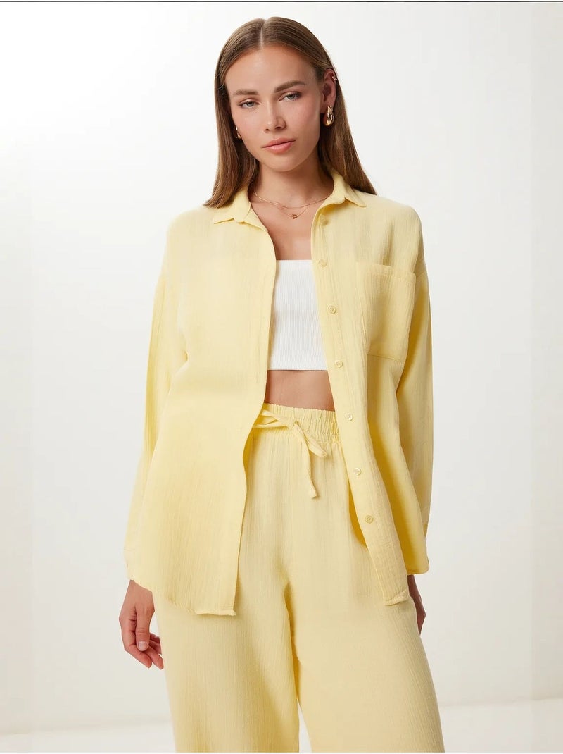 Ensemble deux pièces coordonné à taille haute, jambe large et col chemise istanbul Jaune citron - Kiabi