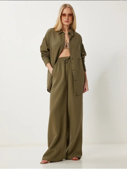Ensemble deux pièces coordonné à taille haute, jambe large et col chemise istanbul - Kiabi