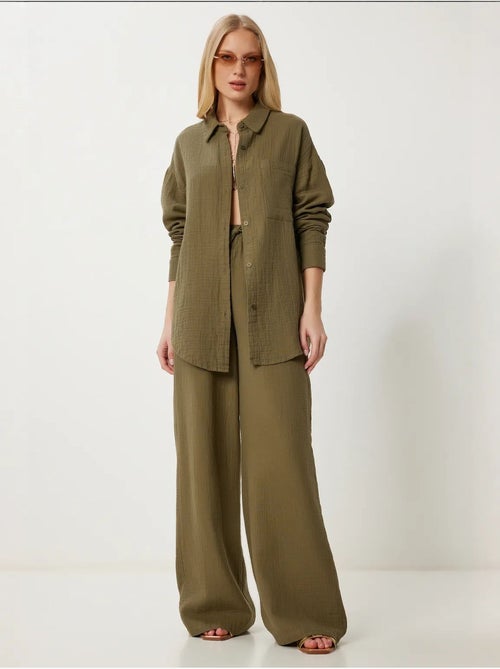 Ensemble deux pièces coordonné à taille haute, jambe large et col chemise istanbul - Kiabi
