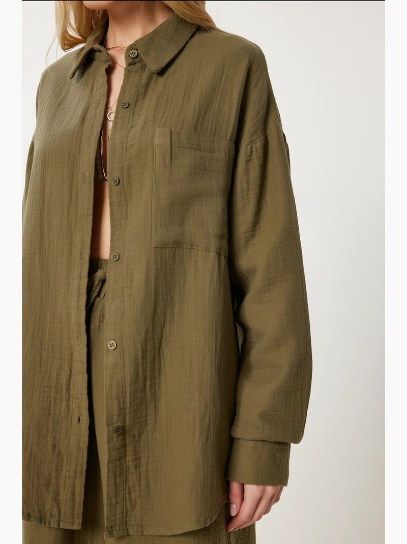 Ensemble deux pièces coordonné à taille haute, jambe large et col chemise istanbul Kaki - Kiabi