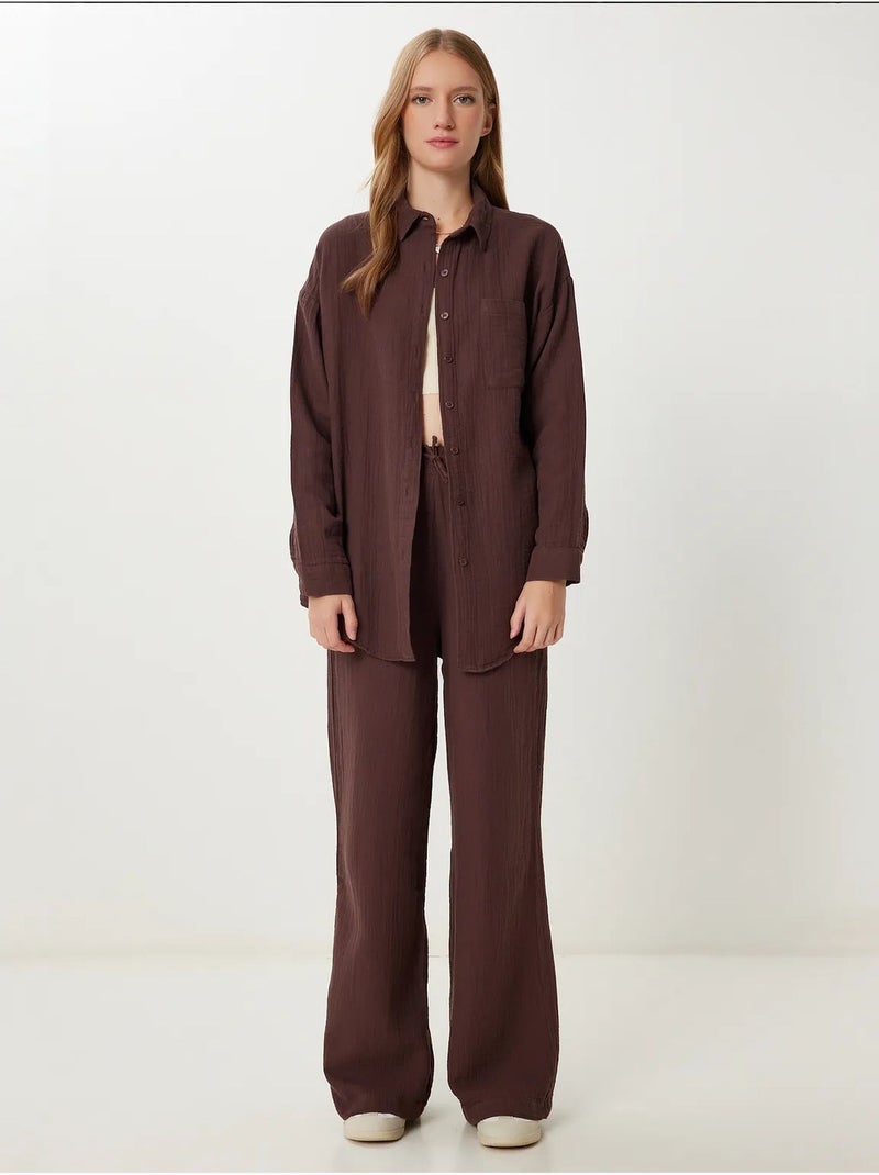 Ensemble deux pièces coordonné à taille haute, jambe large et col chemise istanbul Marron foncé - Kiabi