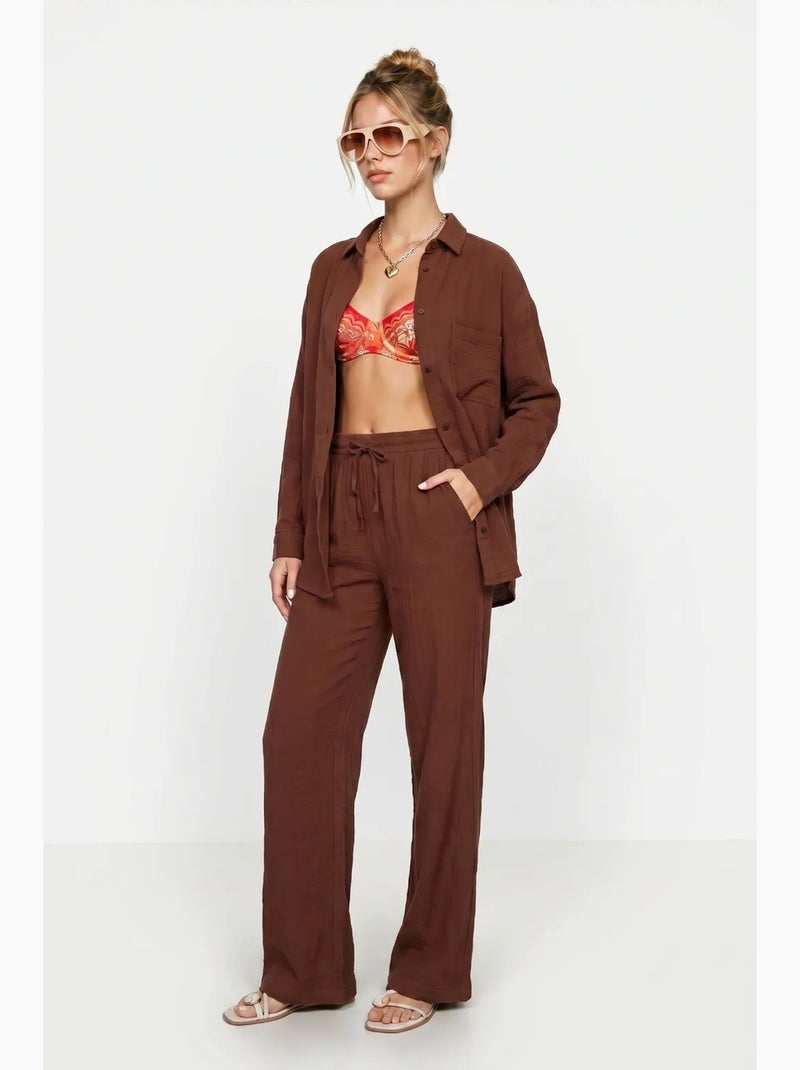 Ensemble deux pièces coordonné à taille haute, jambe large et col chemise istanbul Marron - Kiabi
