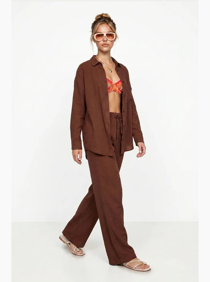 Ensemble deux pièces coordonné à taille haute, jambe large et col chemise istanbul Marron - Kiabi
