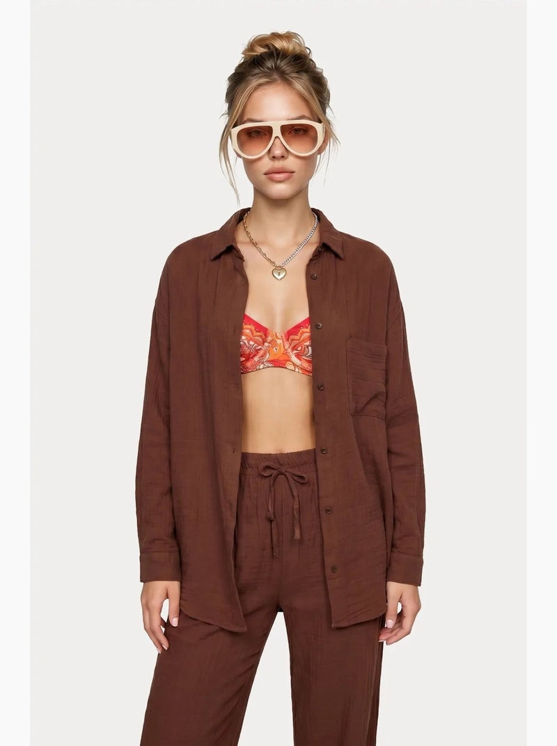 Ensemble deux pièces coordonné à taille haute, jambe large et col chemise istanbul Marron - Kiabi