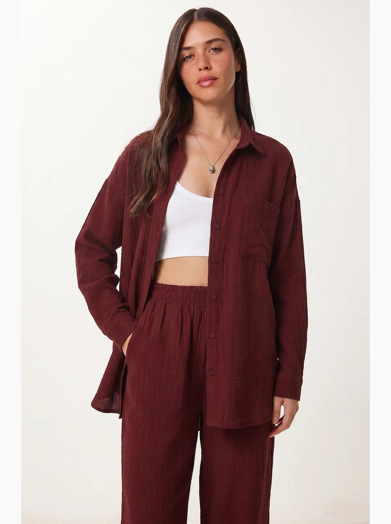 Ensemble deux pièces coordonné à taille haute, jambe large et col chemise istanbul Rouge bordeaux - Kiabi