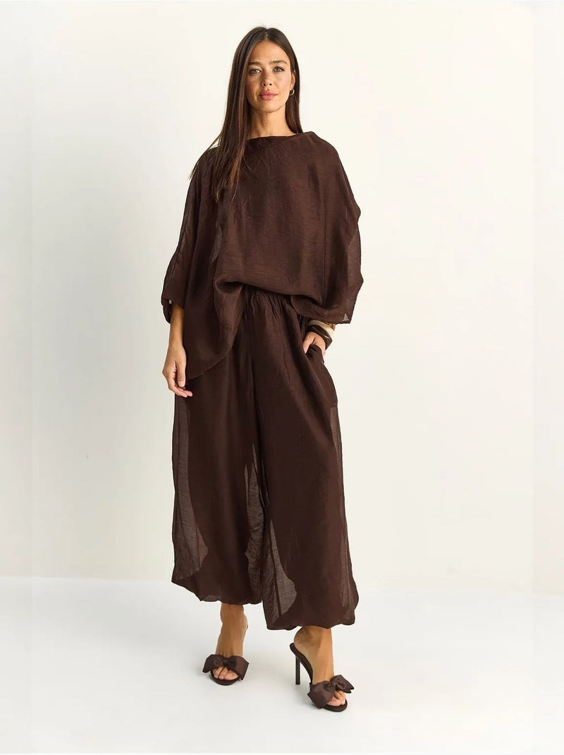 Ensemble deux pièces coordonné taille haute à jambe large lucci Marron foncé - Kiabi