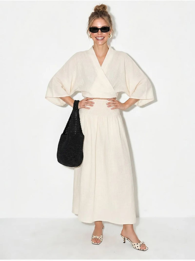 Ensemble deux pièces en coton avec blouse et jupe midi lucci Beige naturel - Kiabi