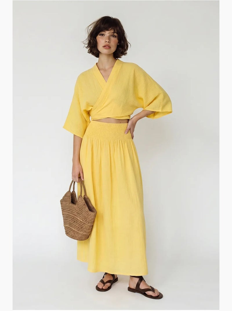 Ensemble deux pièces en coton avec blouse et jupe midi lucci Jaune citron - Kiabi
