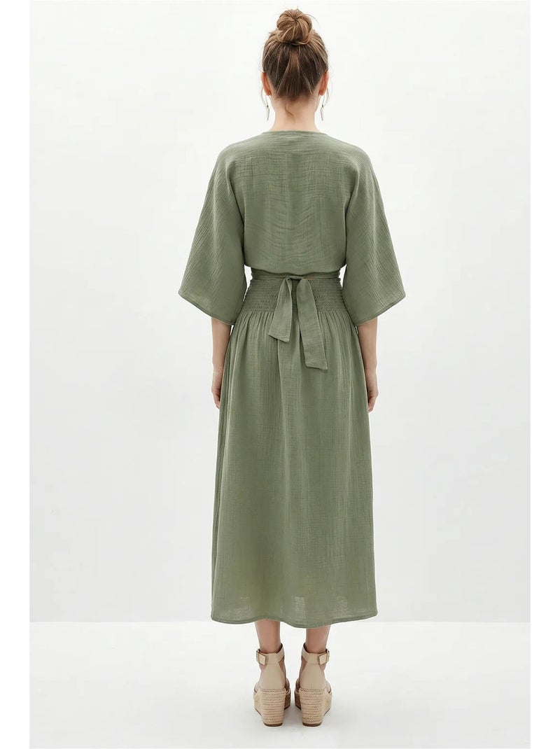 Ensemble deux pièces en coton avec blouse et jupe midi lucci Kaki - Kiabi
