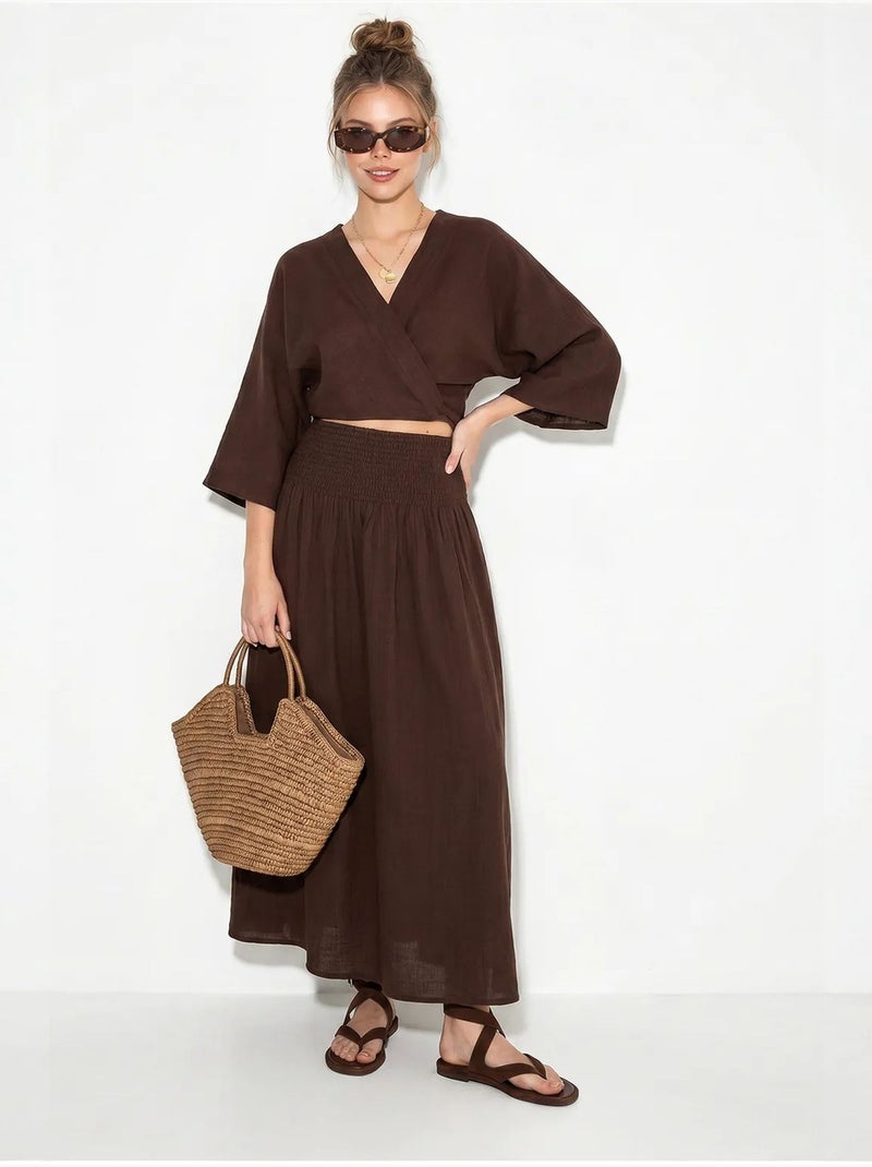 Ensemble deux pièces en coton avec blouse et jupe midi lucci Marron chocolat - Kiabi