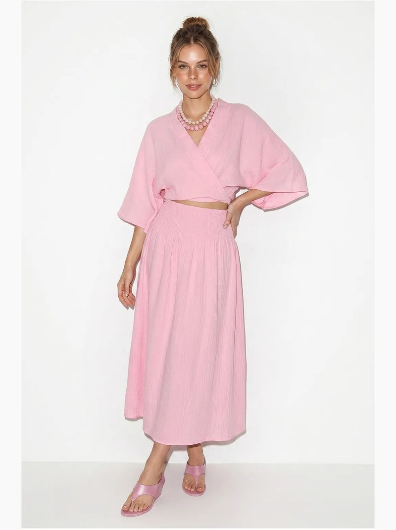 Ensemble deux pièces en coton avec blouse et jupe midi lucci Rose - Kiabi