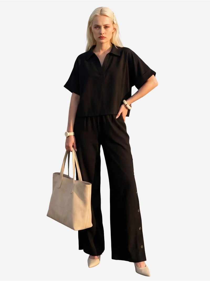 Ensemble deux pièces en coton et lin à manches courtes et col en v my fashion Noir - Kiabi