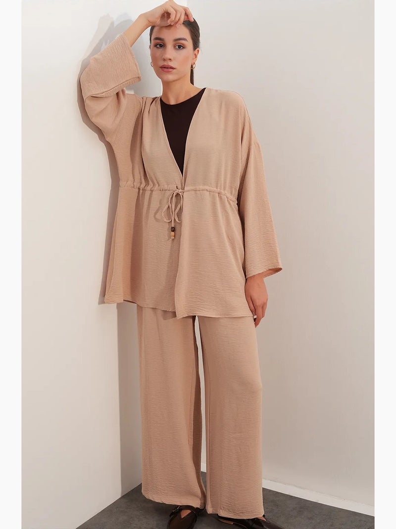 Ensemble deux pièces en crêpe avec kimono et pantalon large bdart Beige argile - Kiabi