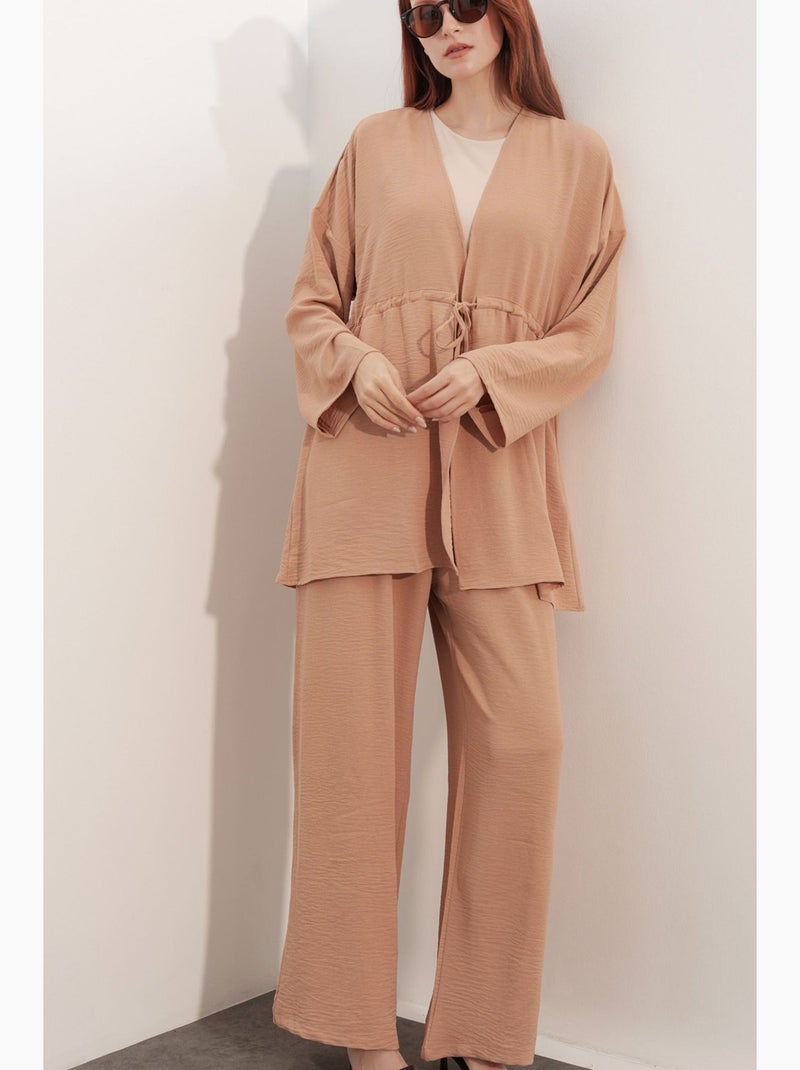 Ensemble deux pièces en crêpe avec kimono et pantalon large bdart Blond - Kiabi