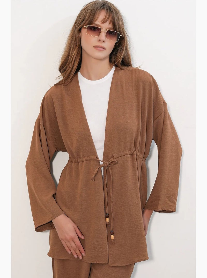Ensemble deux pièces en crêpe avec kimono et pantalon large bdart Camel - Kiabi