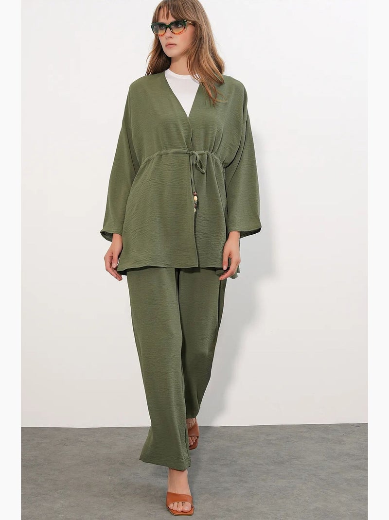 Ensemble deux pièces en crêpe avec kimono et pantalon large bdart Kaki - Kiabi