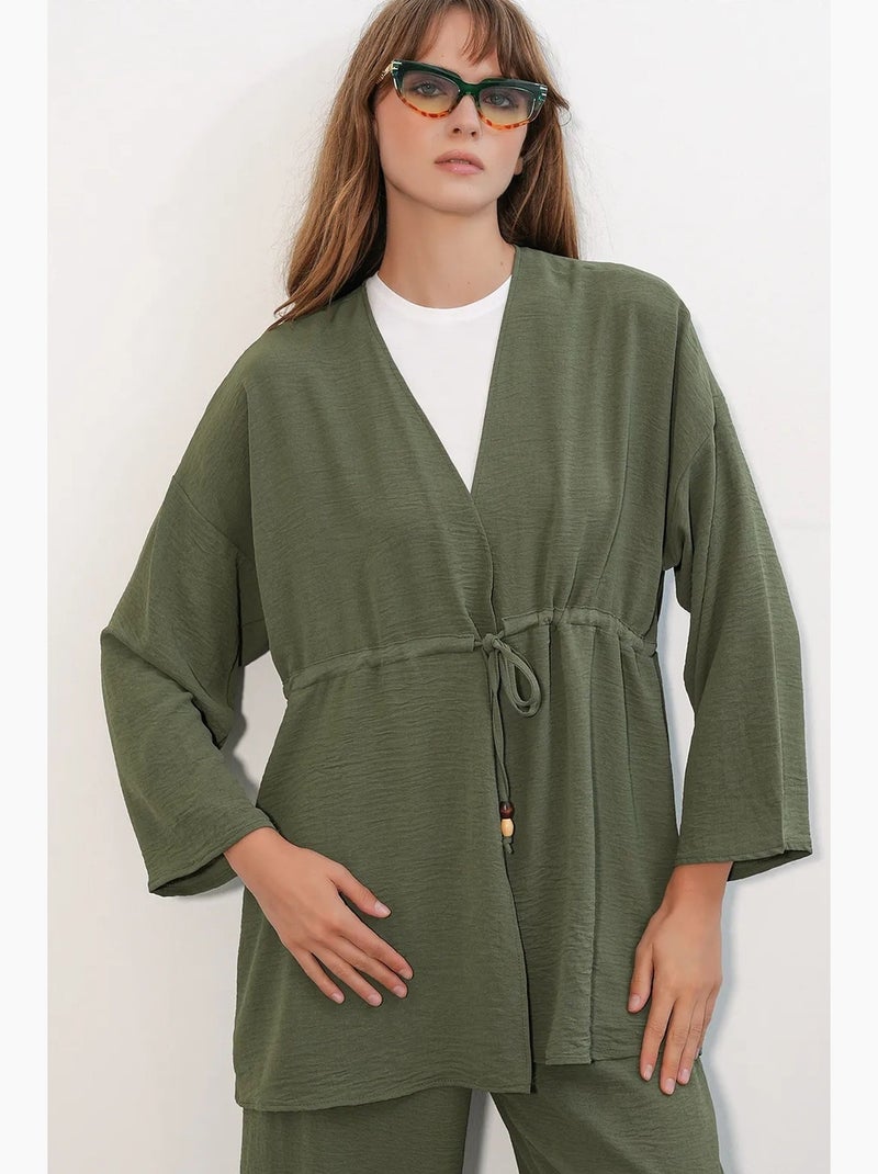 Ensemble deux pièces en crêpe avec kimono et pantalon large bdart Kaki - Kiabi