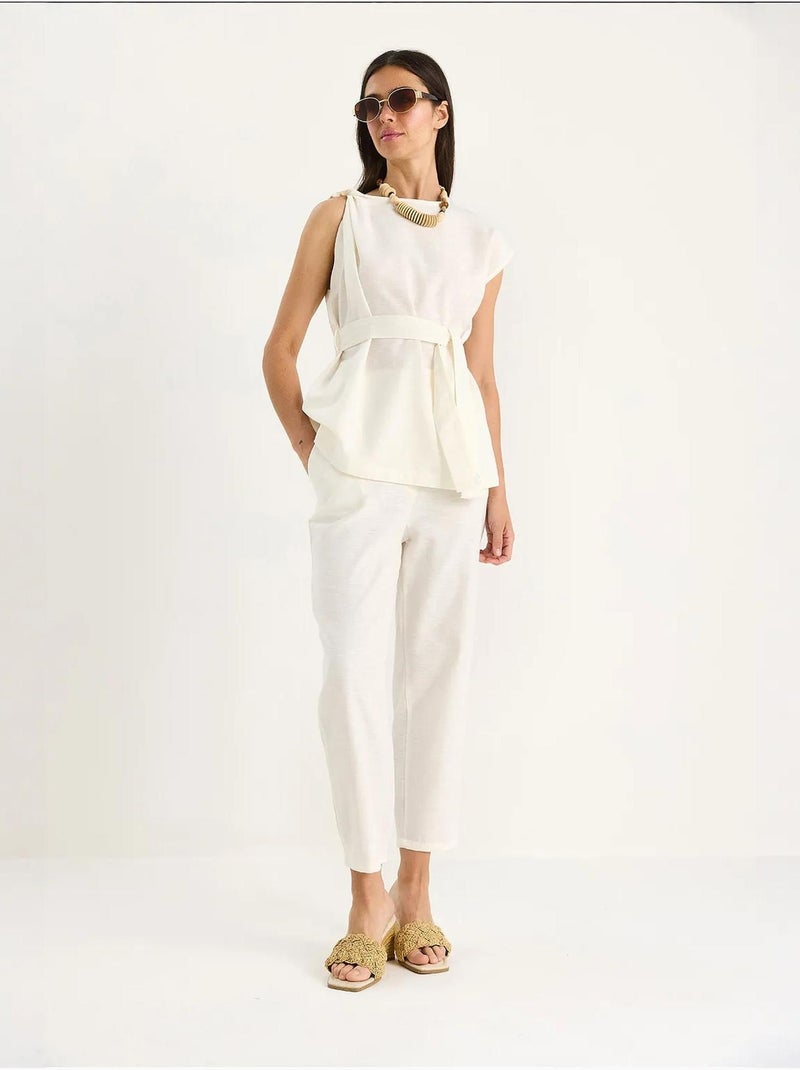 Ensemble deux pièces en lin avec ceinture et nœud aux épaules lucci Ivoire - Kiabi