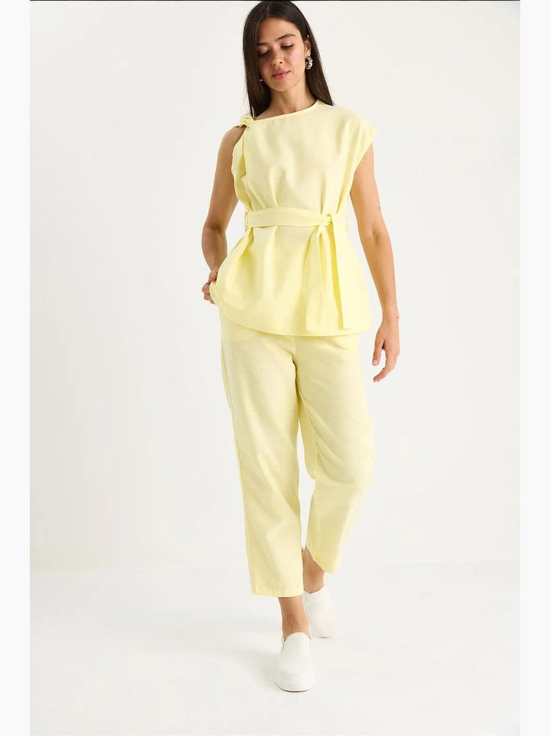 Ensemble deux pièces en lin avec ceinture et nœud aux épaules lucci Jaune citron - Kiabi