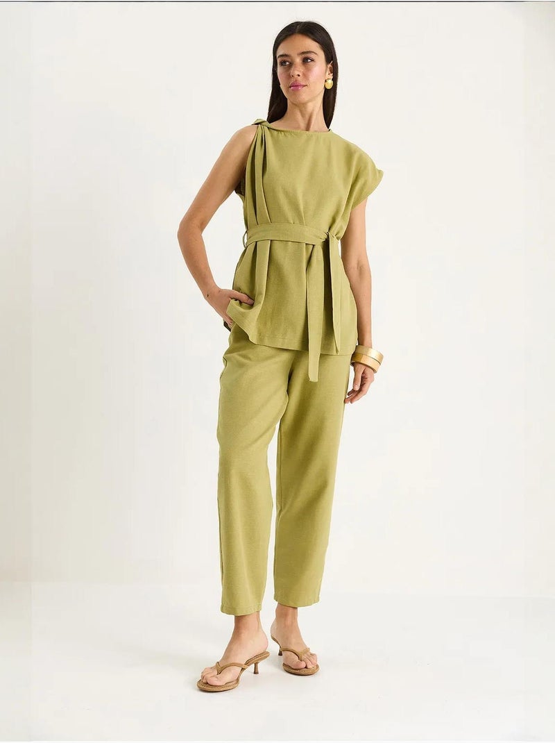 Ensemble deux pièces en lin avec ceinture et nœud aux épaules lucci Vert pastel - Kiabi