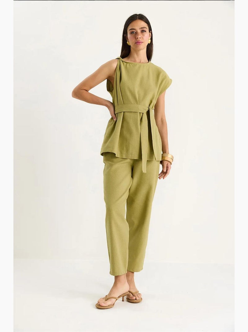 Ensemble deux pièces en lin avec ceinture et nœud aux épaules lucci Vert pastel - Kiabi