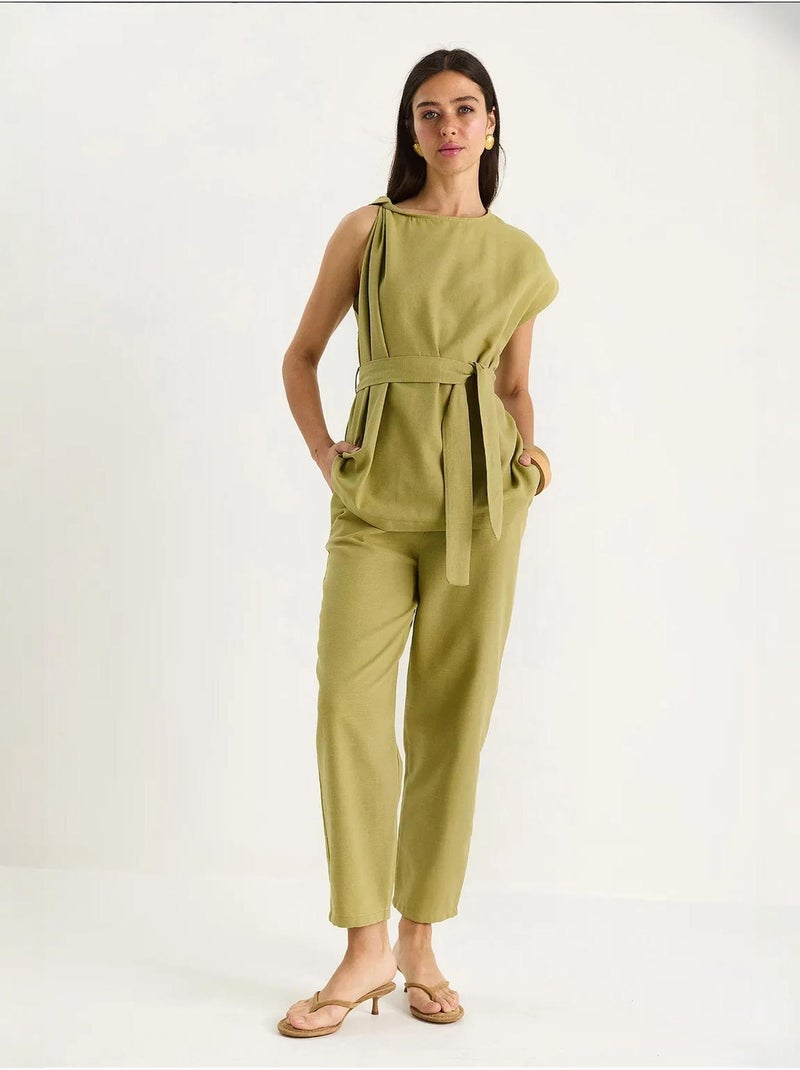 Ensemble deux pièces en lin avec ceinture et nœud aux épaules lucci Vert pastel - Kiabi