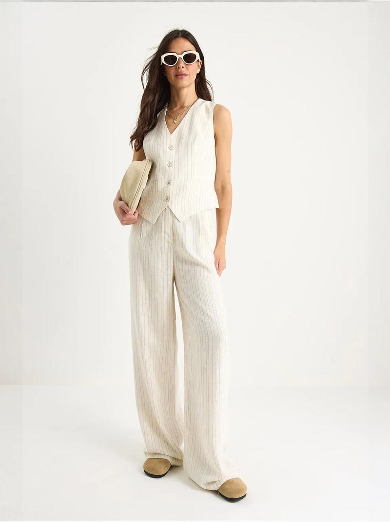 Ensemble deux pièces en lin rayé confortable avec gilet et pantalon palazzo lucci Beige argile - Kiabi