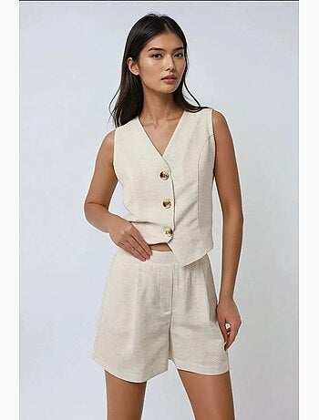 Ensemble deux pièces gilet et short en lin à col en v hiccup