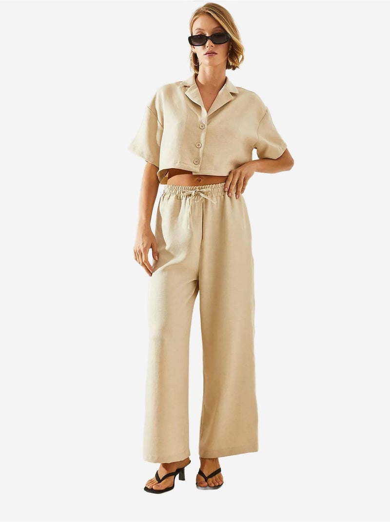 Ensemble deux pièces haut court à col veste et pantalon boutonné à poches lucci Beige argile - Kiabi
