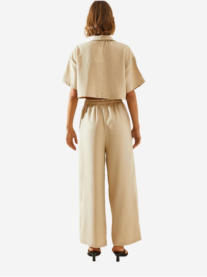 Ensemble deux pièces haut court à col veste et pantalon boutonné à poches lucci Beige argile - Kiabi