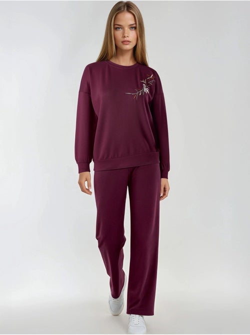 Ensemble deux pièces long à col rond brodé et pantalon à jambes larges hiccup - Kiabi
