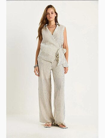 Ensemble deux pièces rayé, col en v, taille haute, boutonné, jambe large lucci
