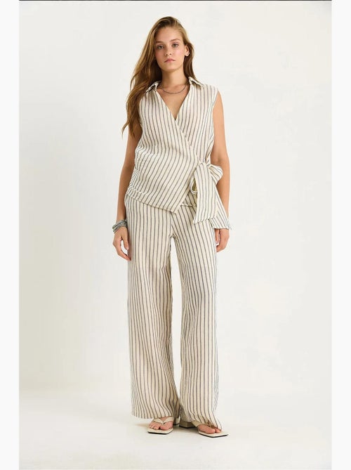 Ensemble deux pièces rayé, col en v, taille haute, boutonné, jambe large lucci - Kiabi