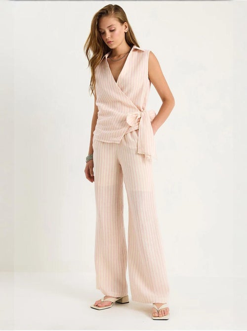 Ensemble deux pièces rayé, col en v, taille haute, boutonné, jambe large lucci - Kiabi