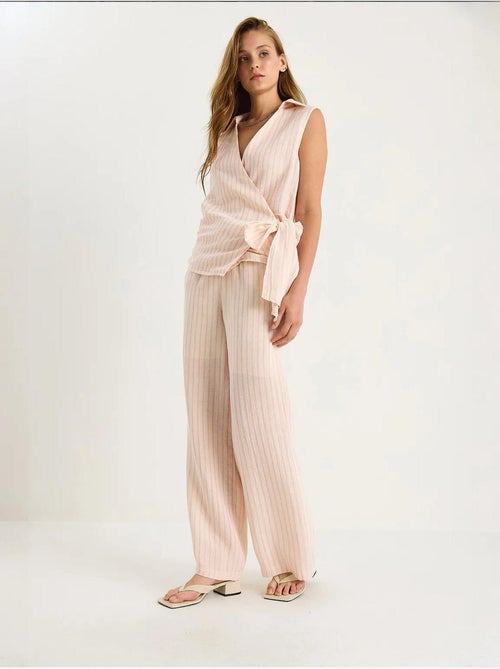 Ensemble deux pièces rayé, col en v, taille haute, boutonné, jambe large lucci - Kiabi