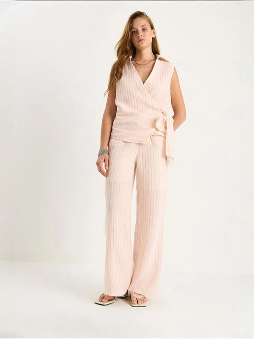 Ensemble deux pièces rayé, col en v, taille haute, boutonné, jambe large lucci - Kiabi