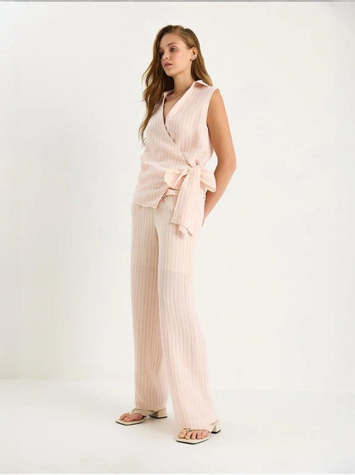 Ensemble deux pièces rayé, col en v, taille haute, boutonné, jambe large lucci - Kiabi