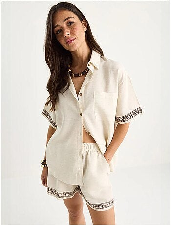 Ensemble deux pièces short et chemise en lin brodés à poches lucci