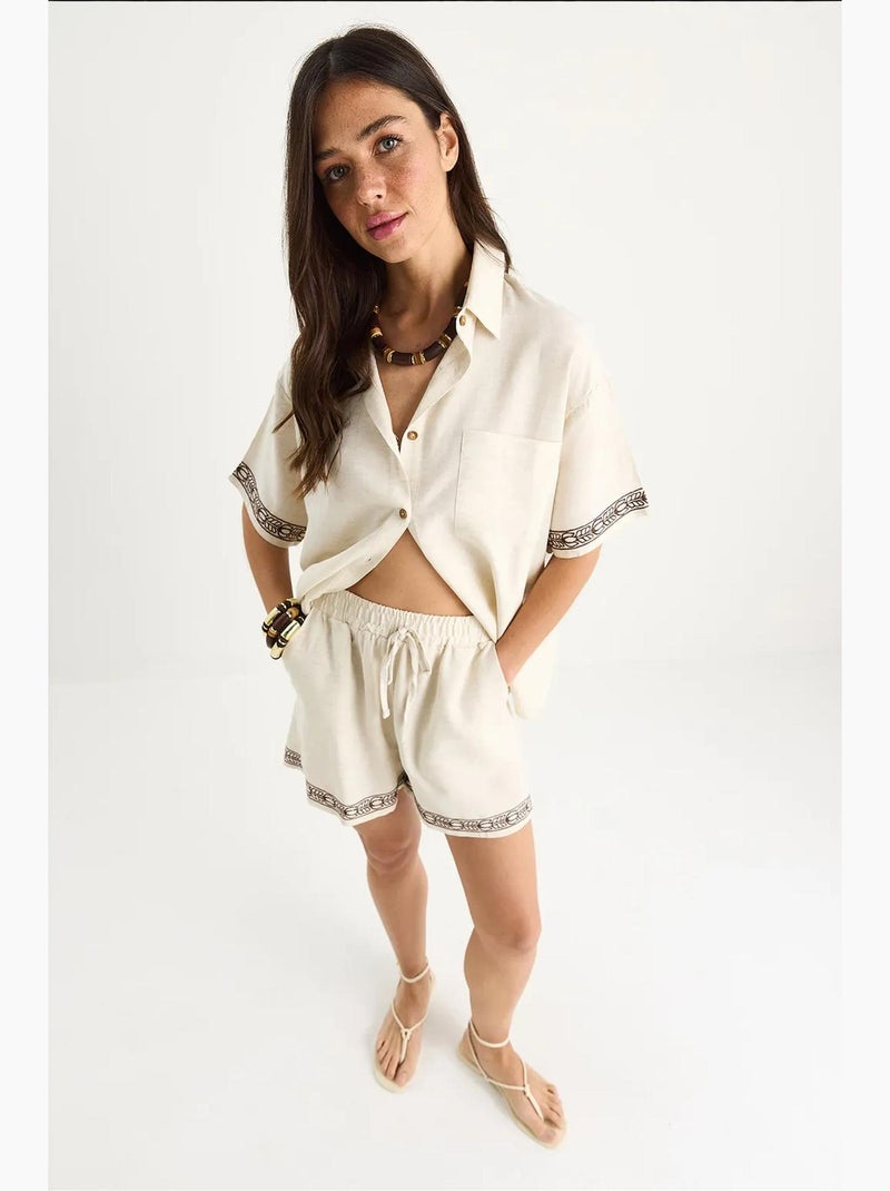 Ensemble deux pièces short et chemise en lin brodés à poches lucci Beige argile - Kiabi