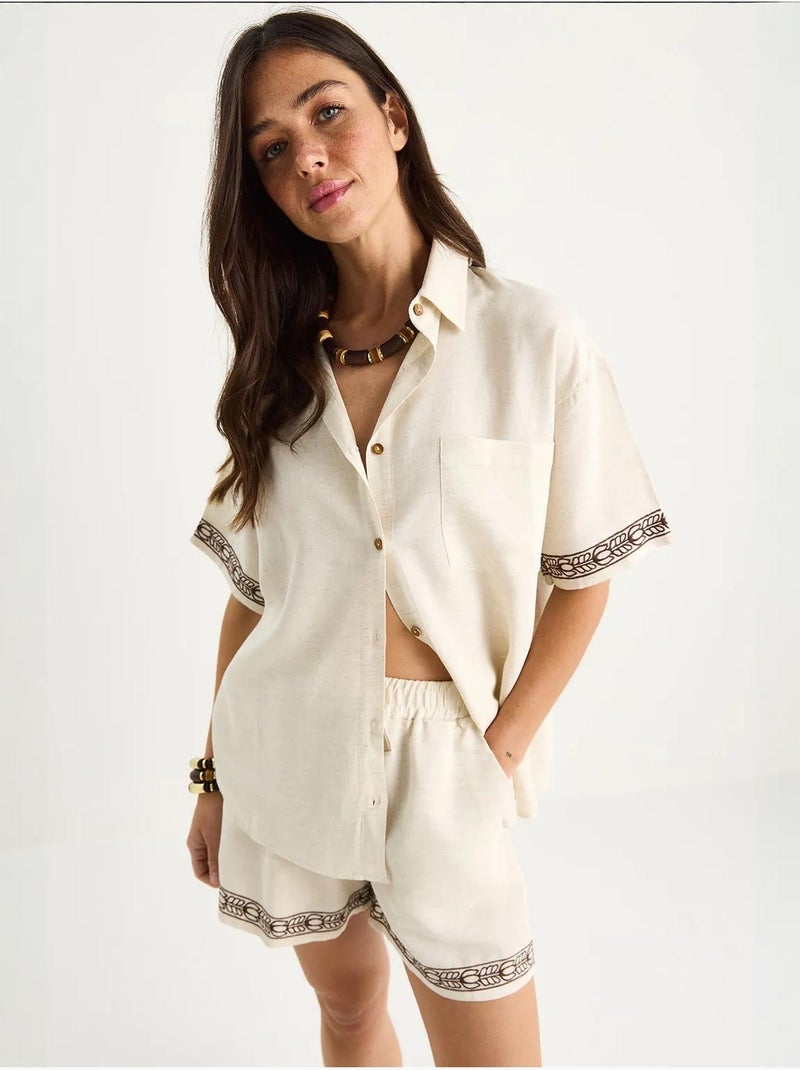 Ensemble deux pièces short et chemise en lin brodés à poches lucci Beige argile - Kiabi