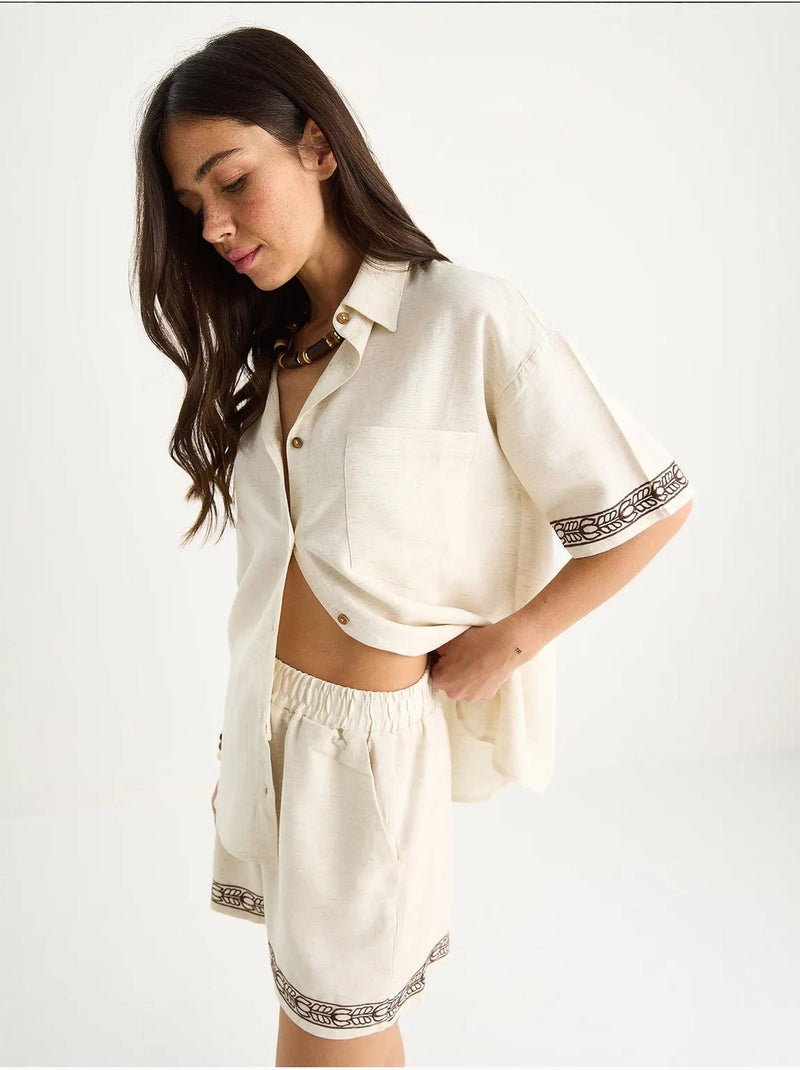Ensemble deux pièces short et chemise en lin brodés à poches lucci Beige argile - Kiabi