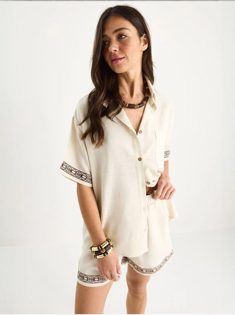 Ensemble deux pièces short et chemise en lin brodés à poches lucci Beige argile - Kiabi