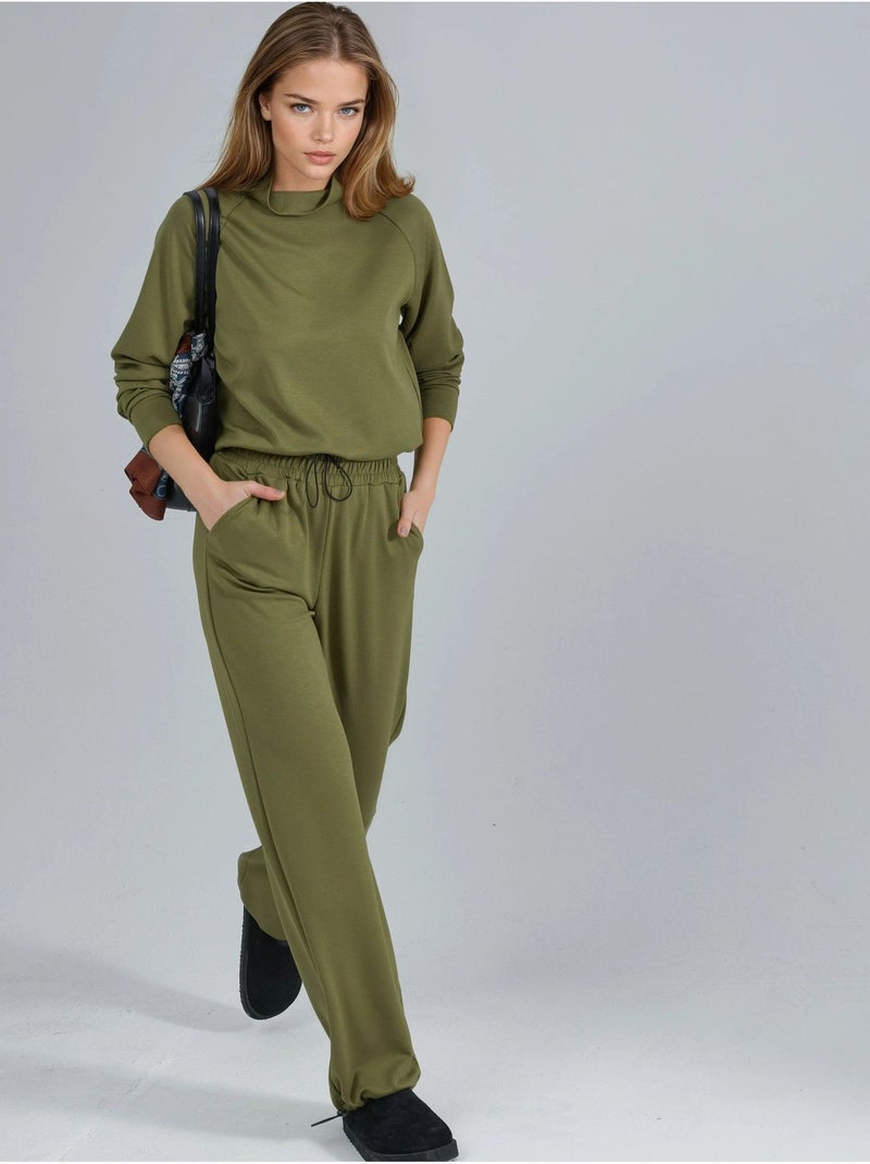 Ensemble deux pièces taille haute à col roulé et jambes larges hiccup Kaki - Kiabi
