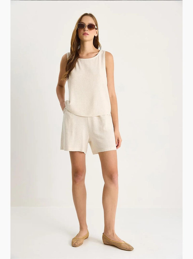 Ensemble deux pièces taille haute en lin mélangé à jambes larges lucci Beige argile - Kiabi